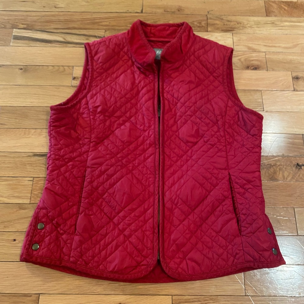 J Jill Quilted Vest Red Stand Collar Full Zip Pockets Women Size Medium